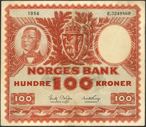 100 kr 1956, serie E.3249869. Ørlite hakk oppe ved midtbretten. 1