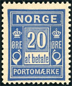 P 4 X. 20 øre "at betale" fra Cenrtaltrykkeriet med stående vannmerke. Attest Enger. (6.750,-).
