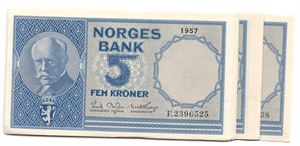 5 kroner 1957 F.2396525-39. 15 stk. i serie. Usirkulert Kv.0-0/01
