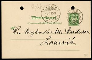VOTNEDALEN 9-III-07 (BU, 8 pkt) på Brevkort til Larvik.  Ank.st.    To arkivhull.  Brevkortet er datert "Vatnedalen".   Uvanlig buskerudobjekt
