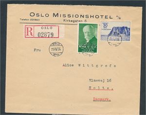 Nk 183 og 193 på flott rekbrev med ministempel "OSLO Bko 25 IV 36" til Holte, Danmark. Ankomststemplet "27.4.36"
