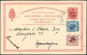 Bkd 6 II. DWI. 1 c on 3  c Stationarycard upfranked with one 15 BIT and one 25 BIT, cancelled "Christinested 27.3.17" and sent to Copenhagen with S/S Valkyrien.