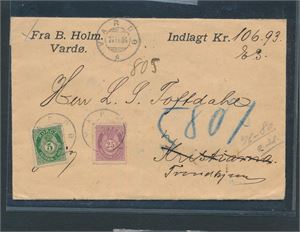 Nk 76 og 80 på bancobrev stemplet "VARDØ 27 VII 04" til Trondhjem. Pent