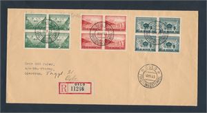 FDC Nk 319-21 Landshjelp I i 4-blokker. Brevmerke bak (SK 900)