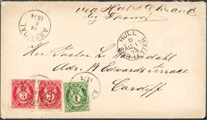 16 II,18. 7 skillings porto til England. 1 skilling- og to 3 skilling Posthorn på konvolutt til Cardiff, stemplet "Arendal 14.8.1874". Ved siden stemplet "Hull Ship-Letter Au 17 74". Ankomststempel på baksiden.