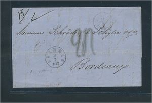 Brev stemplet "DRAMMEN 31-3-1862" til Bordeaux. Blant annet "SANDØSUND" bak. Pent brev