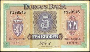 5 kroner London, serie Y 198545. Litt brunlig i papiret. 1/1+