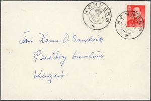 255. 45 øre Olav på konvolutt, anert med KPH "Hønnebø". Adressatens navn samt "Øysang, pr risør" påskrevet bak.