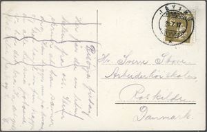 143. 15 øre Løve II på postkort, annullert med hjelpestempel "Jeving 24.7.37" (VA).