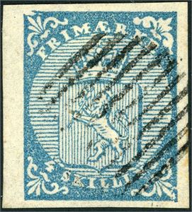 1. 4 skilling våpen 1855 variant "Oppgravert hjørne" (D 34), annullert med riststempel. To gode marger, normal oppe og litt smalere nede.