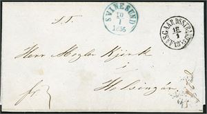 To brev sendt til Danmark. Et stemplet "Aasgaardstrand 18.1.1855" og "Svinesund 20.1.1855", det andre stemplet "Christiania 4.12.1865".