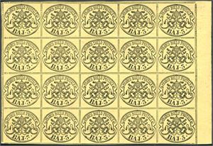 Papal States. 3 Baj. 1852 in a fin block of 20. Light gumcrease affect 5 stamps.