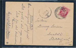 Julekort stemplet 4-rings "738" (Åvik) sidestemplet "? 20 XII 19" til Flekkefjord
