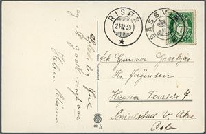 7 øre Posthorn på postkort, anert med KPH "Båsvik" og ved siden stemplet "Risør 21.12.39".