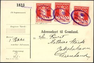 9. 60 øres porto. Tre stk 20 øre på adressekort, antatt brukt 1933 til 1934, hvor hvert merke er annullert med ovalt "Grønlands Styrelse".
