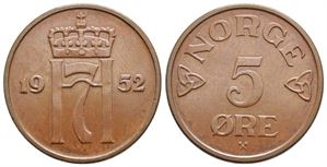 5 øre 1952 Haakon VII. Kv.0