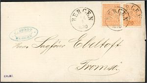 12. 2 skill 2 i horisontalt par på komplett brev, stemplet "Bergen 12.5.1870".