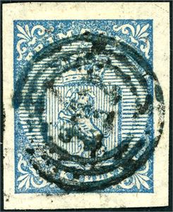 1. 4 skilling våpen 1855, anert med nummerstempel "212" (Møstervaagnæs, HO, 10 pkt). Gode marger. Attest FCM.
