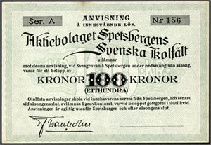 100 kroner Aktiebolaget Spetsbergens Svenska Kolfält 1923/24, serie A, nr. 156. Blankett.