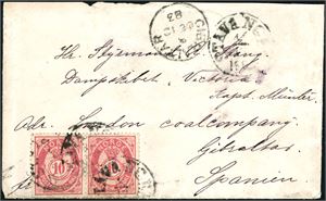 37. 20 øres porto til Gibraltar. To 10 øre Posthorn 1883 på konvolutt, stemplet "Stavanger 4.12.1883" og ved ankomststemplet "Gibraltar De 12 83". Sendt til "Dampskibet Victoria", London Kullkompani, Gibraltar, Spania.
