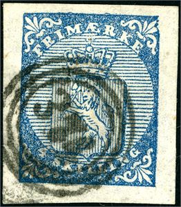 1. 4 skilling våpen 1855, anert med nummerstempel "374" (Sandøsund, NO, 9 pkt). Tre meget gode marger, normal oppe.