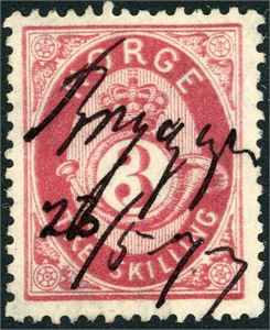 18. 3 skilling Posthorn, anert med håndskrevet stedsnavn "Bryggen 23/5 77" (SF).