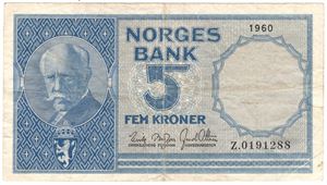 5 kroner 1960 Z.0191288 erstatningsseddel. Kv.1