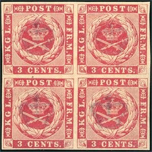 2. DWI. 3 cents 1886 in a superb block of four. Margins at all sides.