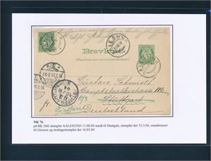 Nk 76 på oppfrankert helsak stemplet "AALESUND 11 III 04" til Stuttgart, Tyskland. Omadressert til Giessen