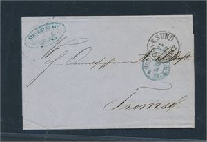 Brev sendt fra Altona til Tromsø 1862. Stemplet bl.a. "SVINESUND 21-12-1862" og dansk jernbanestempel bak