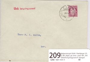 Hjelpestempel Ulvik i Hardanger 20-12-40 (Hjst) på brev med NK 240 "Ulvik Forsyningsnemd" stempel