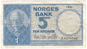 5 kroner 1962 Z.0234542 erstatningsseddel. Kv.1-