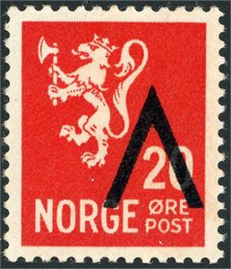 282. 20 øre V, variant "Omvendt V-overtrykk". Attest Enger.