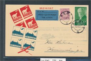 LUFTPOST Brevkort med 5øre løve og 10øre Nansen stemplet "TROMSØ 12 VII 36" og "LUFTPOSTRUTEN TROMSØ-HAMMERFEST-HONNINGSVÅG 12-7--1936 1ste NORDTUR"