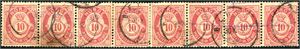 37. 10 øre posthorn 1882 i horisontal rekonstruert 8-stripe (to hengselforsterkete 4-striper), stemplet "Bergen 30.10.82".