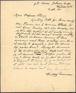 Fridtjof Nansen. One page, private letter, dated "Godseier Anker, Fredrikshald 8. okt. 25" (Hafslund, Sarpsborg) with full signature.