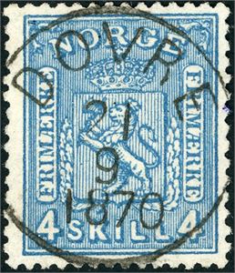 14. 4 skill 4, rettvendt fullstemplet "Dovre 21.9.1870" (OP, 6 pkt). Luksus.