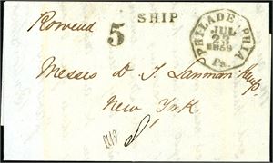 La Guaira. A complete letter, dated "La Guaira July 7 1859" and sendt to New York with three postmarks at front: "5", "Ship" and a octagonal "Philadelphia pa. Jul 23 1859".