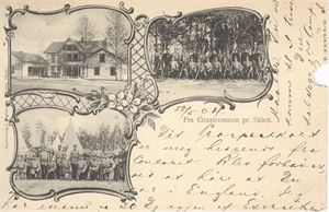 Militær Fra Graatenmoen pr. Skien  (3-delt motiv)  St. Skien 29-V-04.  Ett lite avrift på høyre side… men ett fantastisk kort!