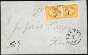 2. 2 skilling Oscar i vertikalt par på komplett brev, stemplet "Brevig 30.4.1860" og sendt til Laurvig.