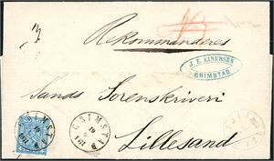 14. 4 skill 4 på komplett brev, stemplet "Grimstad 19.6.1871" og sendt rekommandert til Lillesand.
