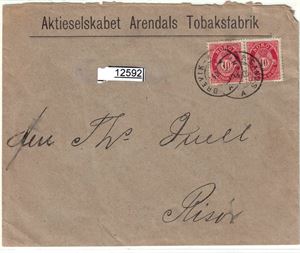 Brev med 2 røde 10ører logo: Aktieselskabet Arendals Tobaksfabrik. Brukt 1905 og sendt til Risør