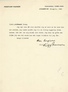 Fridtjof Nansen. One page letter on his private paper, dated "Lysaker 20 april 1928, with full signature.
