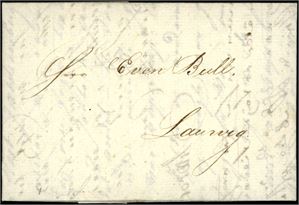 Komplett brev fra Kjøbenhavn til Laurvig 14. july 1810, forwarded gjennom Sverige. Betalt med 13 Lsk., som er påskrevet baksiden sammen med karteringen. Det medfølger også en "Placat" datert Kiøbenhavn 1811.
