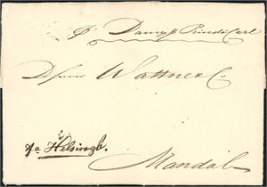 Komplett brev, datert Kjøbenhavn 12. Juni 1833, påskrevet "pr Damps Prinds Carl" og "Fr Helsinb." og sendt til Mandal. Brevet er litt splittet i brettene, men tidlig forsendelse med dette skipet.
