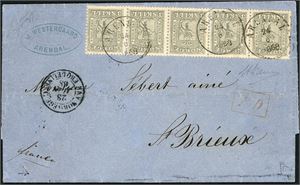 7. 15 skillings porto til Frankrike. 3 skill i horisontal 5-stripe på komplett brev til St. Brieux, stemplet "Arendal 24.6.1868." Ved siden fransk transittstempel. "Sandøsund", "Paris" og ankomststempel på baksiden. Attest FCM.