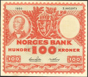 100 kroner 1950, serie Z.0052971. Erstatningsseddel. 1/1-