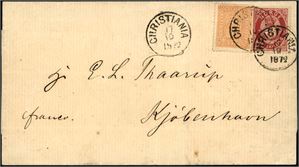 12,18. 5 skillings porto til Danmark. 2 skill 2 og en 3 skilling Posthorn på brevomslag til Kjøbenhavn, stemplet "Christiania 17.10.1872". . Ankomstsstempel på baksiden.