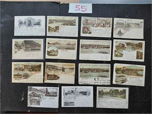 HILSEN FRA-KORT 15 forskjellige, derav 1 ubrukt Flere sendt utelands, noen frimerker og fjernet og ellers ujevn kvalitet