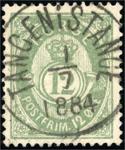 44. 12 øre mattgrønn, vakkert stemplet "Tangen i Stange 1.7.1884".